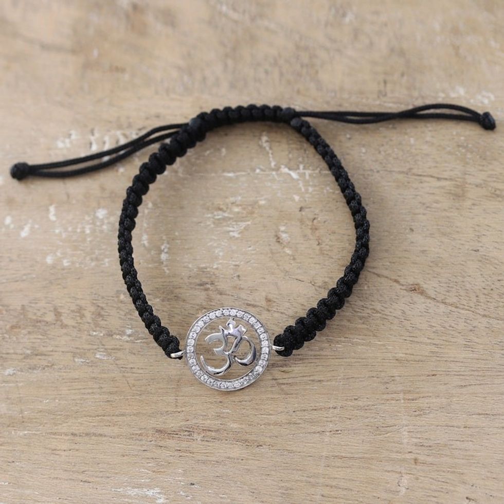 Black Macrame Cord Bracelet with Om Pendant and Gems 'Bonds of Enlightenment'