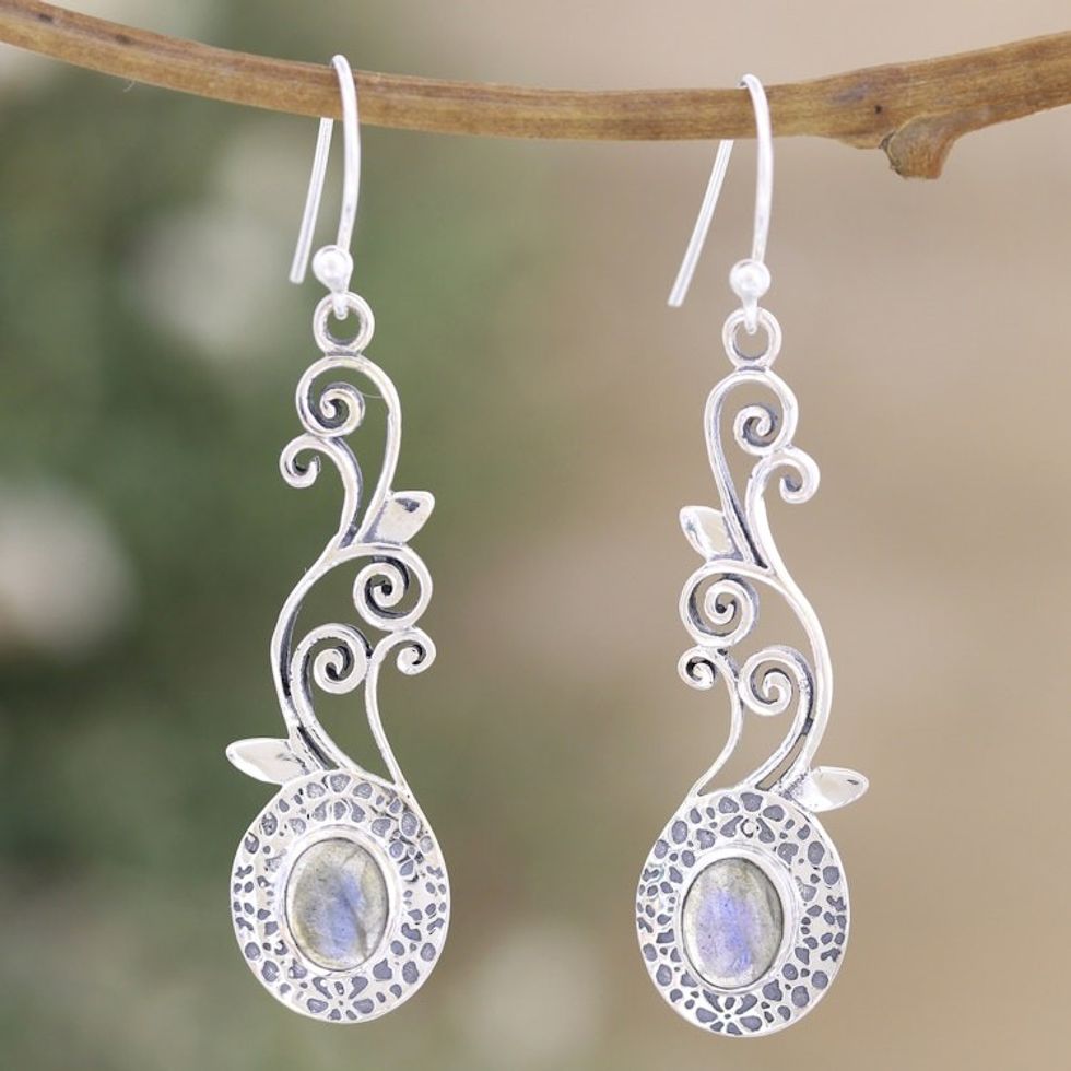 Sterling Silver Leafy Dangle Earrings with Labradorite Gems 'Vine Lights'