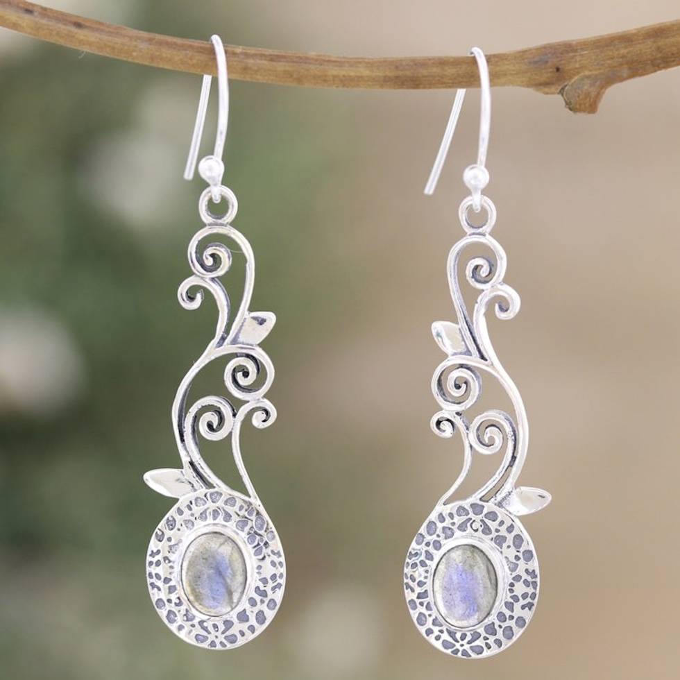 Sterling Silver Leafy Dangle Earrings with Labradorite Gems 'Vine Lights'