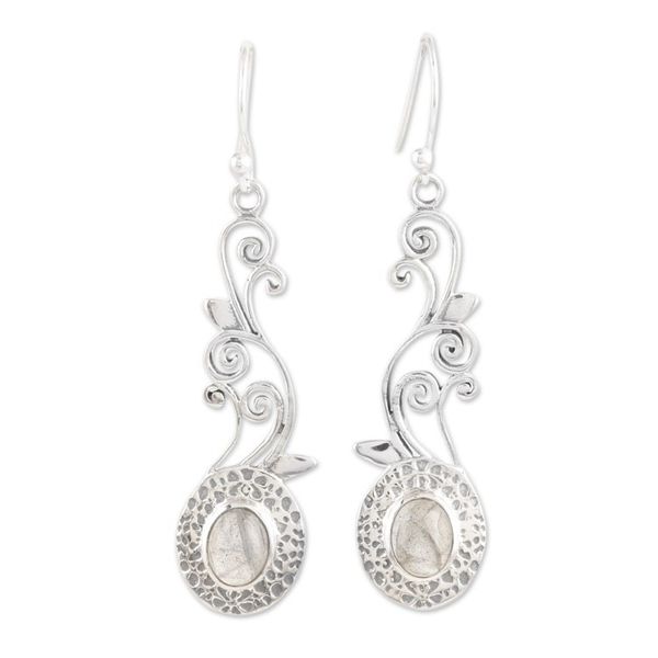 Alternate image for Sterling Silver Leafy Dangle Earrings with Labradorite Gems Vine Lights