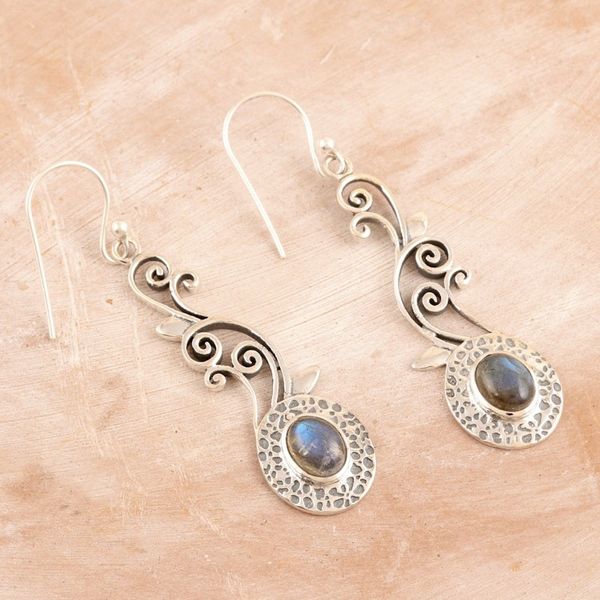 Alternate image for Sterling Silver Leafy Dangle Earrings with Labradorite Gems Vine Lights