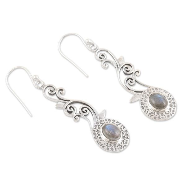 Alternate image for Sterling Silver Leafy Dangle Earrings with Labradorite Gems Vine Lights