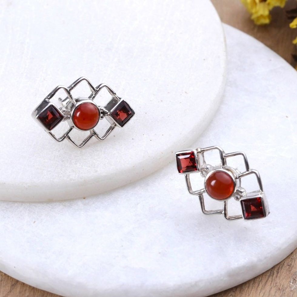 Geometric Garnet and Carnelian Button Earrings from India 'Romantic Harmony'