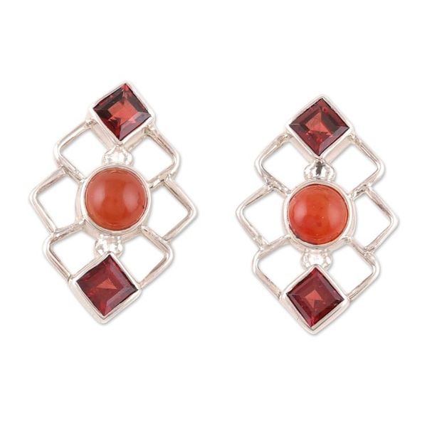 Alternate image for Geometric Garnet and Carnelian Button Earrings from India Romantic Harmony