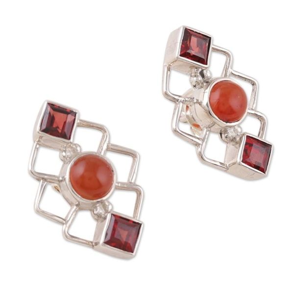 Alternate image for Geometric Garnet and Carnelian Button Earrings from India Romantic Harmony