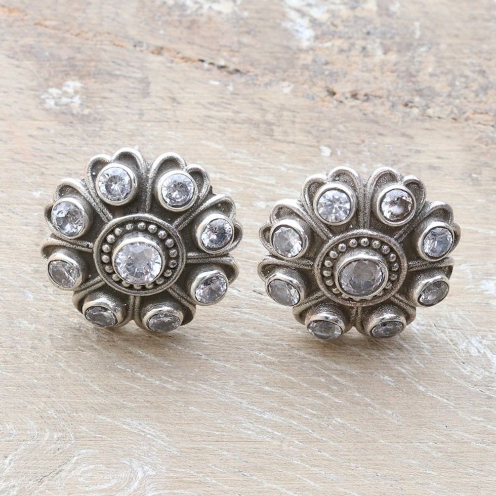 Floral Cubic Zirconia and Sterling Silver Button Earrings 'Charming Clarity'