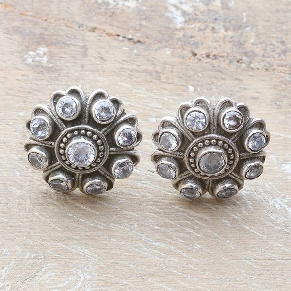Alternate image for Floral Cubic Zirconia and Sterling Silver Button Earrings Charming Clarity
