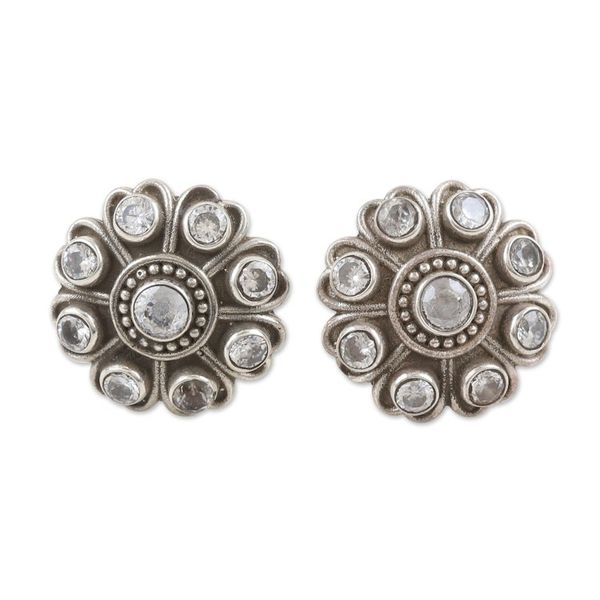 Alternate image for Floral Cubic Zirconia and Sterling Silver Button Earrings Charming Clarity