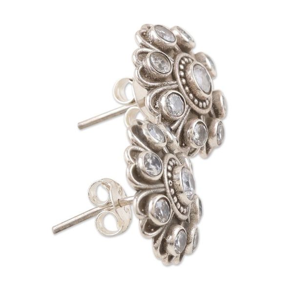 Alternate image for Floral Cubic Zirconia and Sterling Silver Button Earrings Charming Clarity