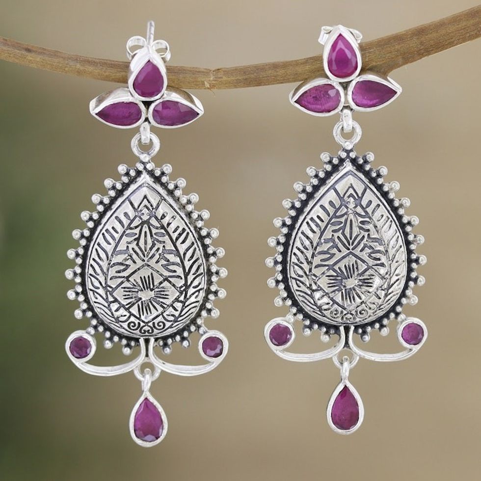 Leafy Sterling Silver Dangle Earrings with Cubic Zirconia 'Pink Manor'