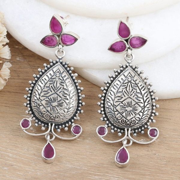 Alternate image for Leafy Sterling Silver Dangle Earrings with Cubic Zirconia Pink Manor