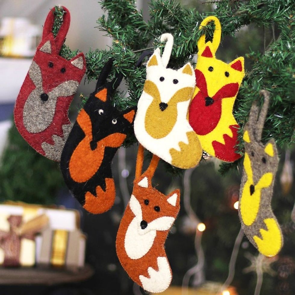 Set of 6 Handmade Warm-Toned Wool and Cotton Fox Ornaments 'Fox Portraits'