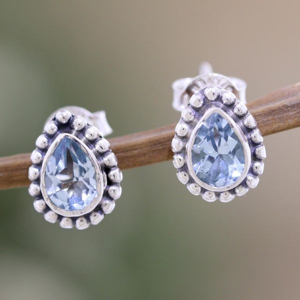 Alternate image for Sterling Silver Stud Earrings with Faceted Blue Topaz Gems Dazzling Loyalty