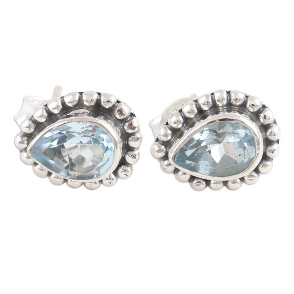 Alternate image for Sterling Silver Stud Earrings with Faceted Blue Topaz Gems Dazzling Loyalty
