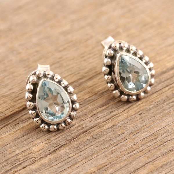 Alternate image for Sterling Silver Stud Earrings with Faceted Blue Topaz Gems Dazzling Loyalty