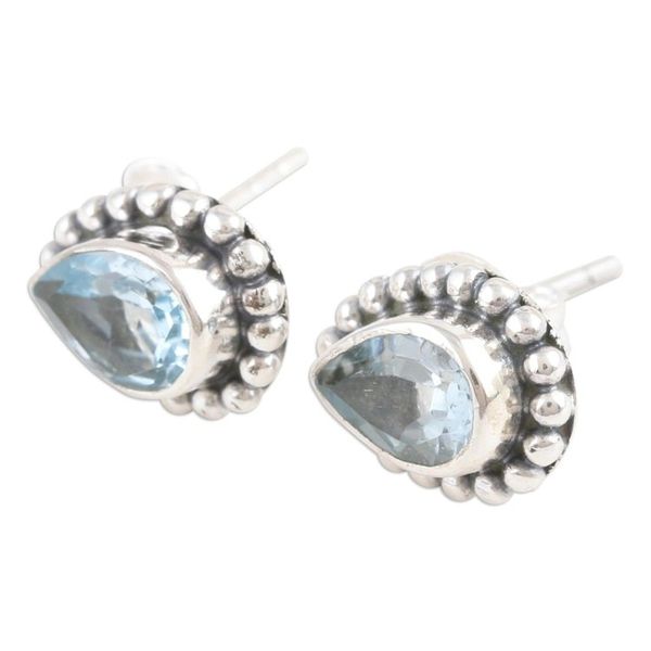 Alternate image for Sterling Silver Stud Earrings with Faceted Blue Topaz Gems Dazzling Loyalty