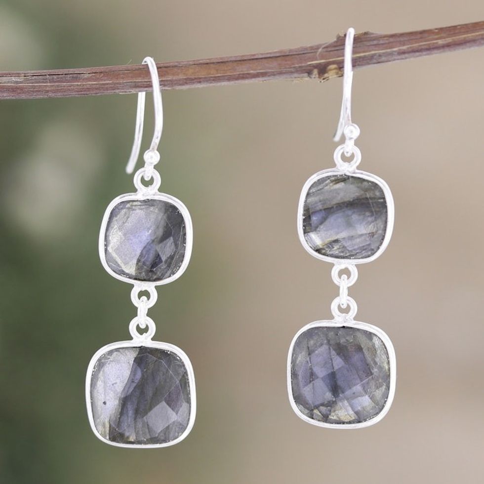 Checkerboard Labradorite Dangle Earrings Totaling 32 Carats 'Spiritual Palace'