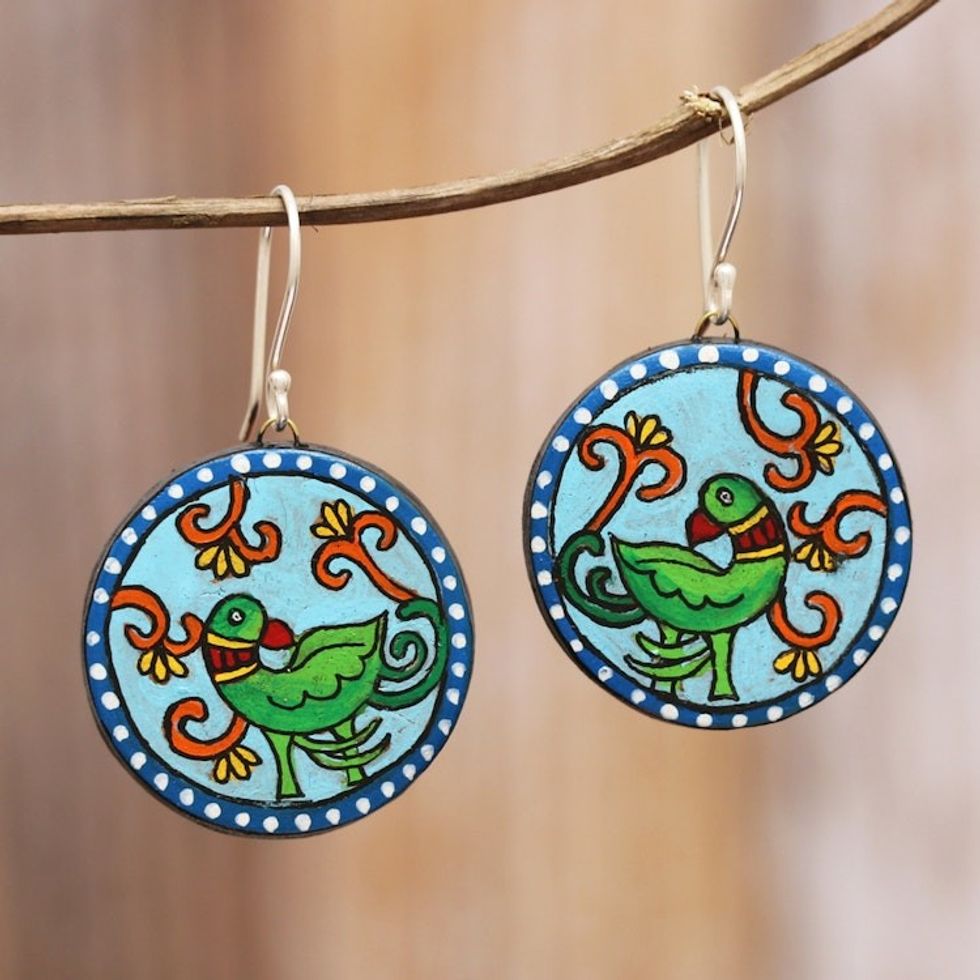 Hand-Painted Round Parakeet Ceramic Dangle Earrings 'Indian Parakeet'