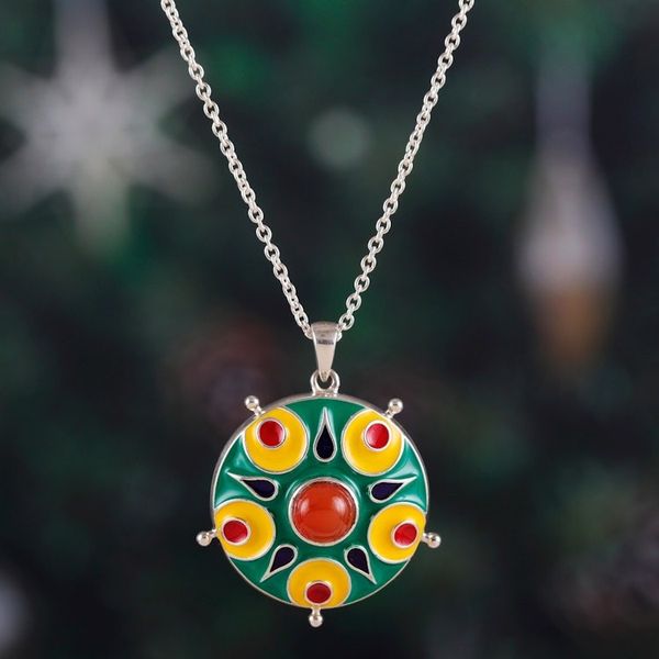 Alternate image for Painted Sterling Silver Pendant Necklace with Carnelian Gem Celebration in Jaipur