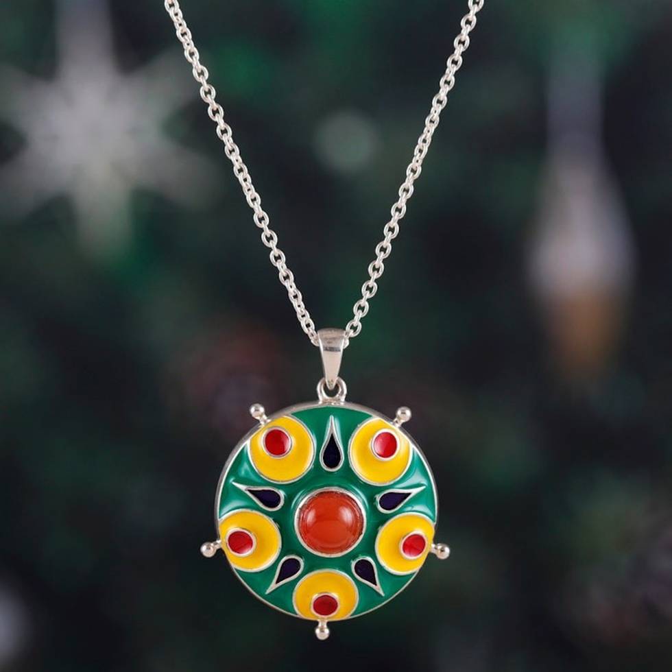 Painted Sterling Silver Pendant Necklace with Carnelian Gem 'Celebration in Jaipur'
