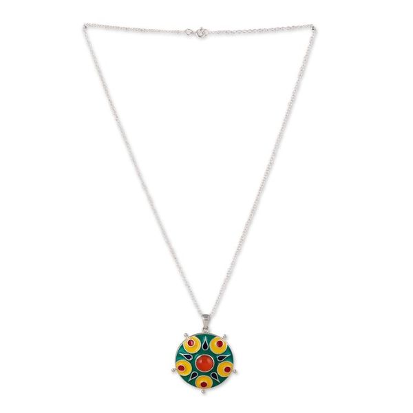 Alternate image for Painted Sterling Silver Pendant Necklace with Carnelian Gem Celebration in Jaipur