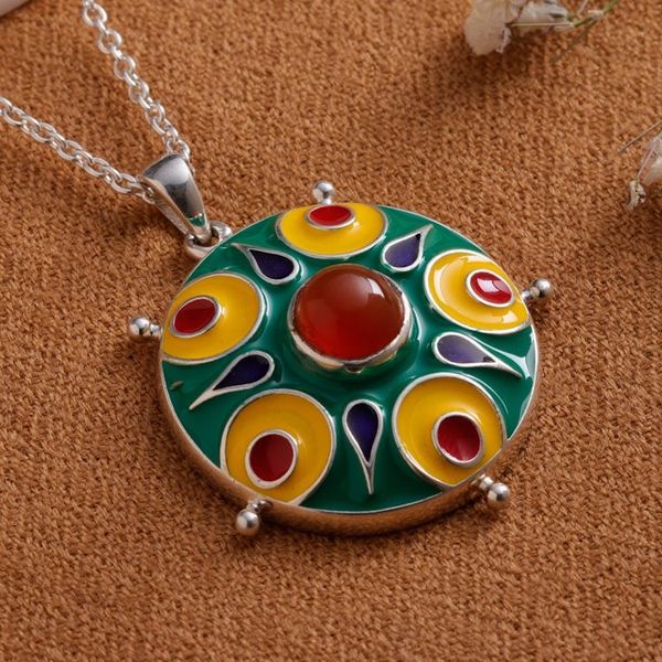 Alternate image for Painted Sterling Silver Pendant Necklace with Carnelian Gem Celebration in Jaipur
