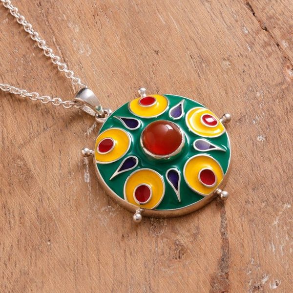 Alternate image for Painted Sterling Silver Pendant Necklace with Carnelian Gem Celebration in Jaipur