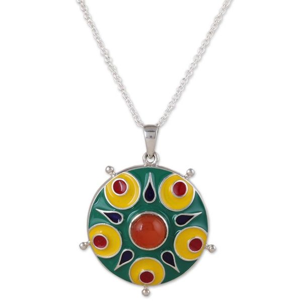 Alternate image for Painted Sterling Silver Pendant Necklace with Carnelian Gem Celebration in Jaipur