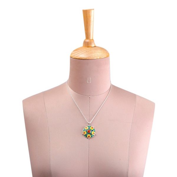 Alternate image for Painted Sterling Silver Pendant Necklace with Carnelian Gem Celebration in Jaipur
