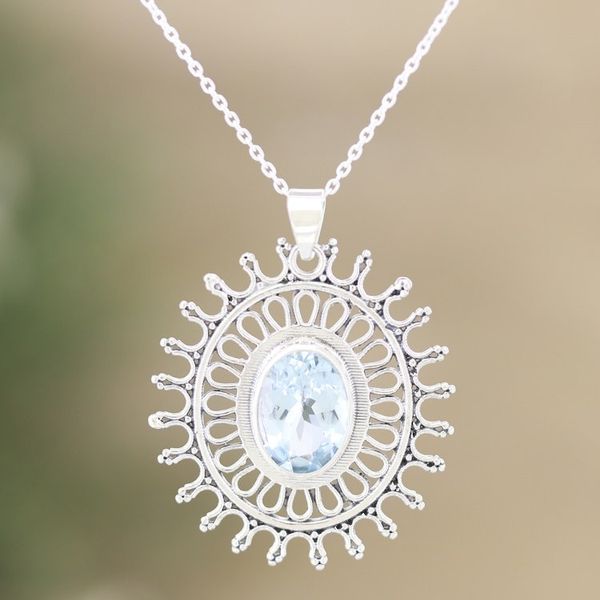 Alternate image for 6-Carat Blue Topaz Pendant Necklace from India Iridescent Sun
