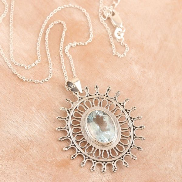 Alternate image for 6-Carat Blue Topaz Pendant Necklace from India Iridescent Sun