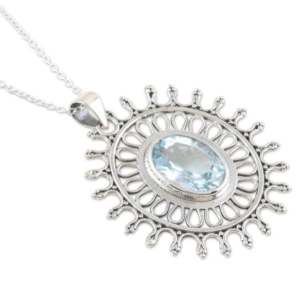 Alternate image for 6-Carat Blue Topaz Pendant Necklace from India Iridescent Sun
