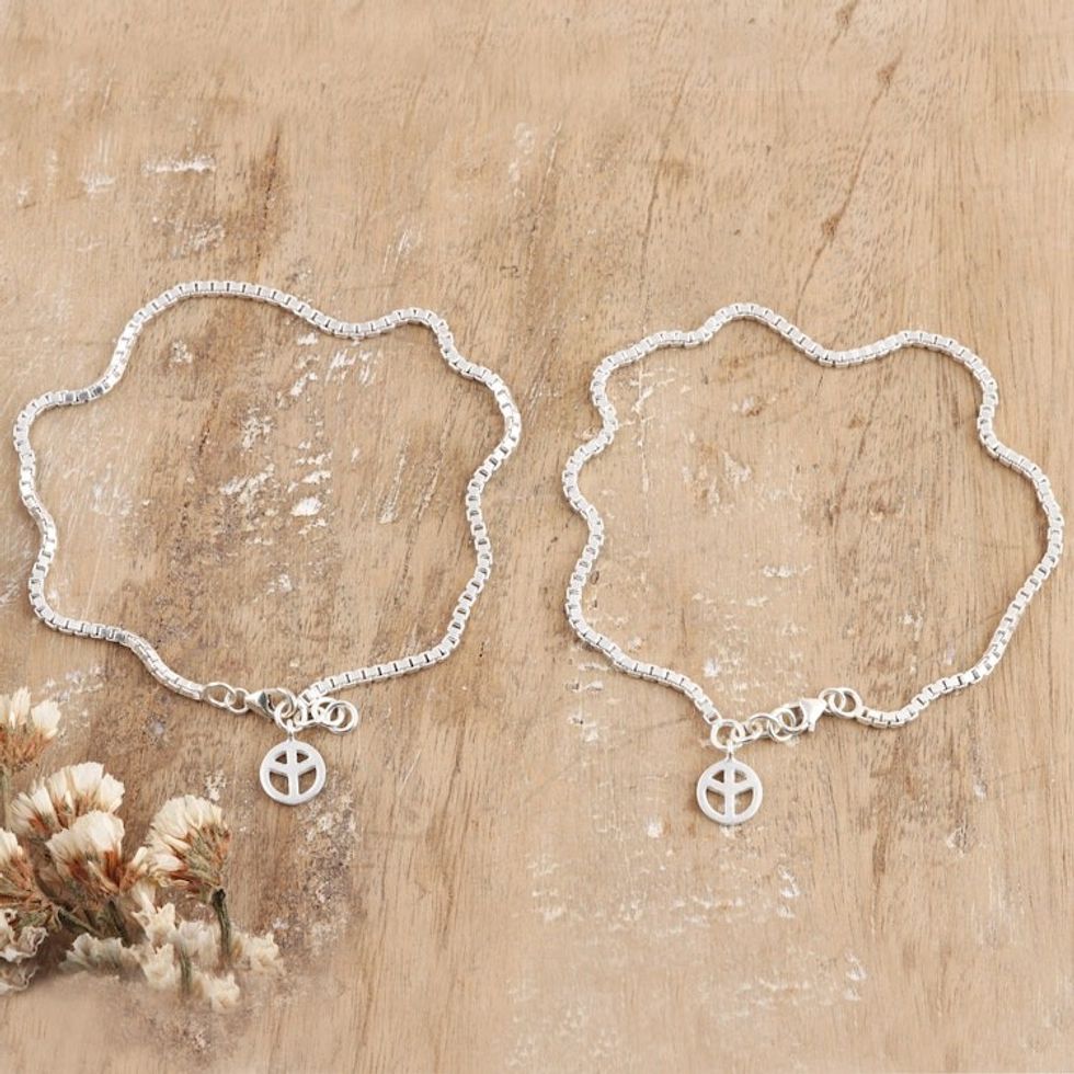 Pair of Sterling Silver Anklets with Peace Charms 'Radiant Peace'