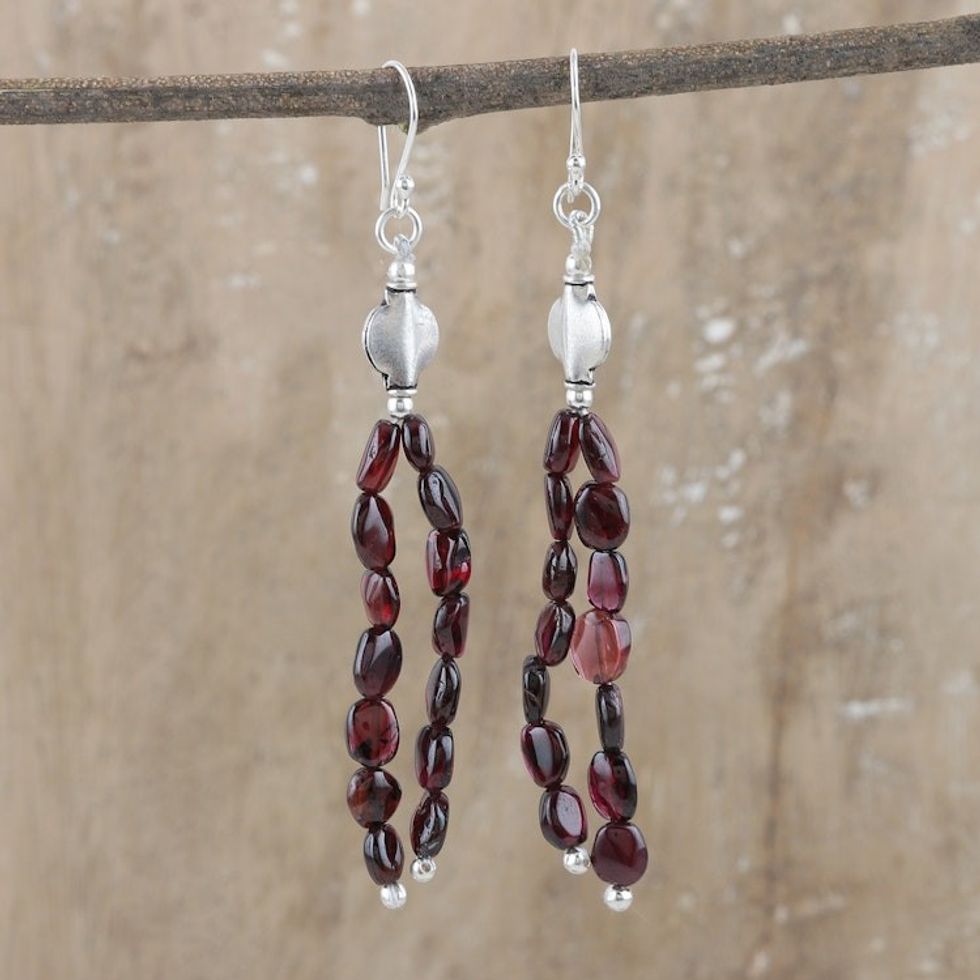 Sterling Silver Beaded Dangle Earrings with Garnet Jewels 'Paths of Devotion'