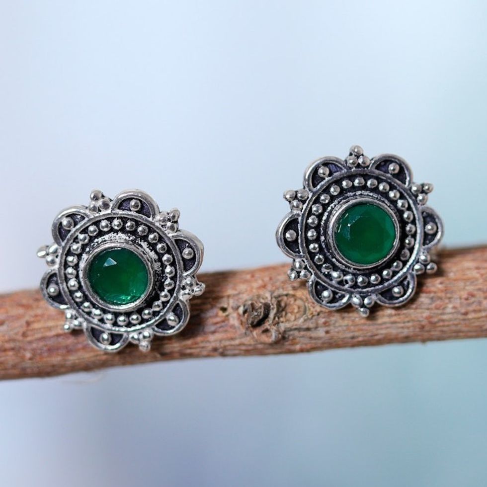 Green Onyx 925 Silver Button Earrings with Floral Motif 'Classic Green Blossom'