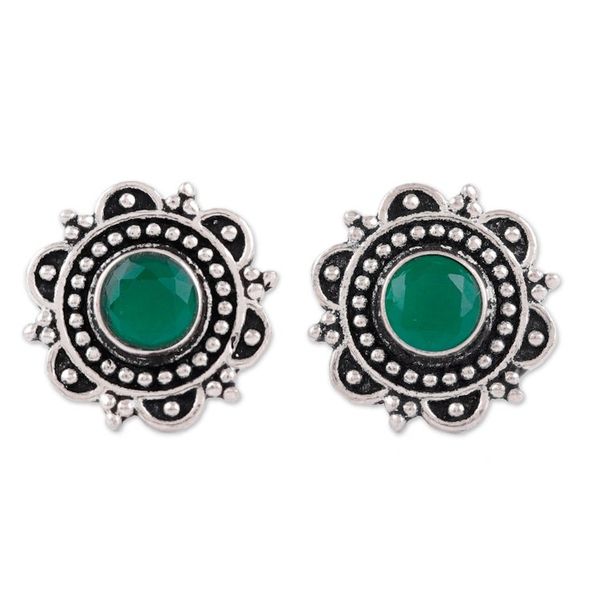 Alternate image for Green Onyx 925 Silver Button Earrings with Floral Motif Classic Green Blossom