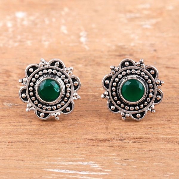 Alternate image for Green Onyx 925 Silver Button Earrings with Floral Motif Classic Green Blossom