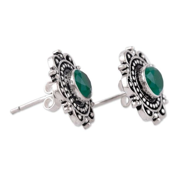 Alternate image for Green Onyx 925 Silver Button Earrings with Floral Motif Classic Green Blossom