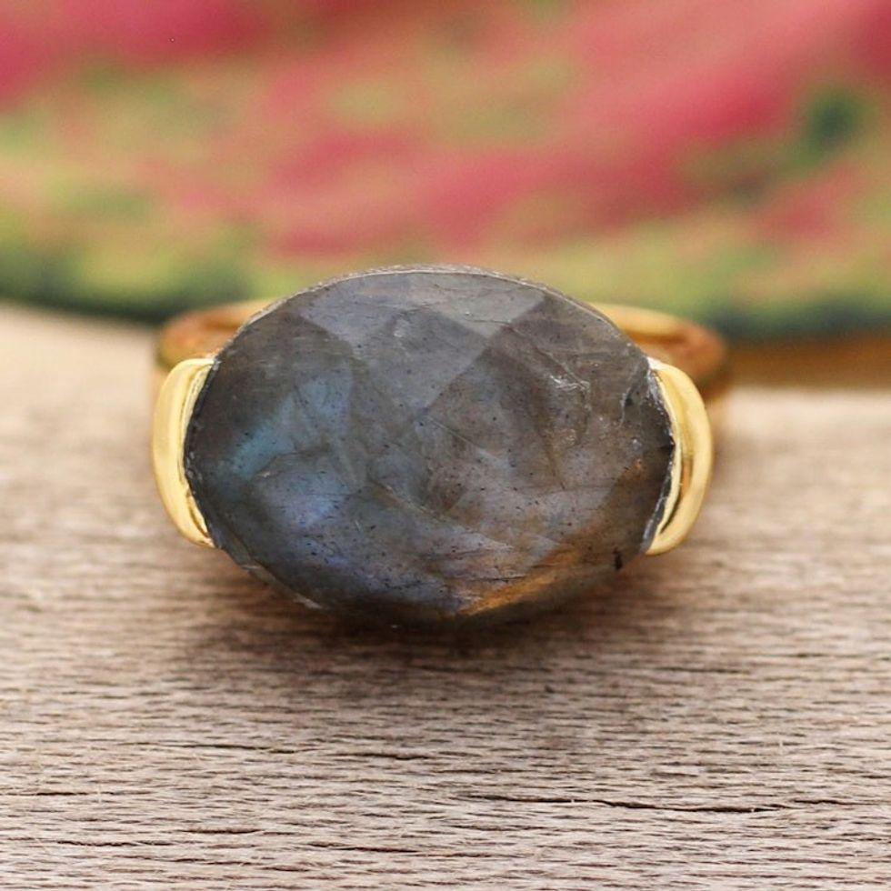 18k Gold-Plated Labradorite Cocktail Ring Crafted in India 'Classy Charm'