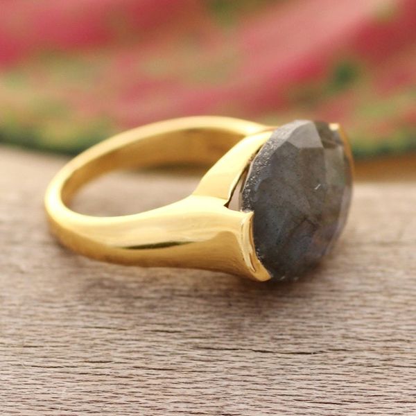 Alternate image for 18k Gold-Plated Labradorite Cocktail Ring Crafted in India Classy Charm