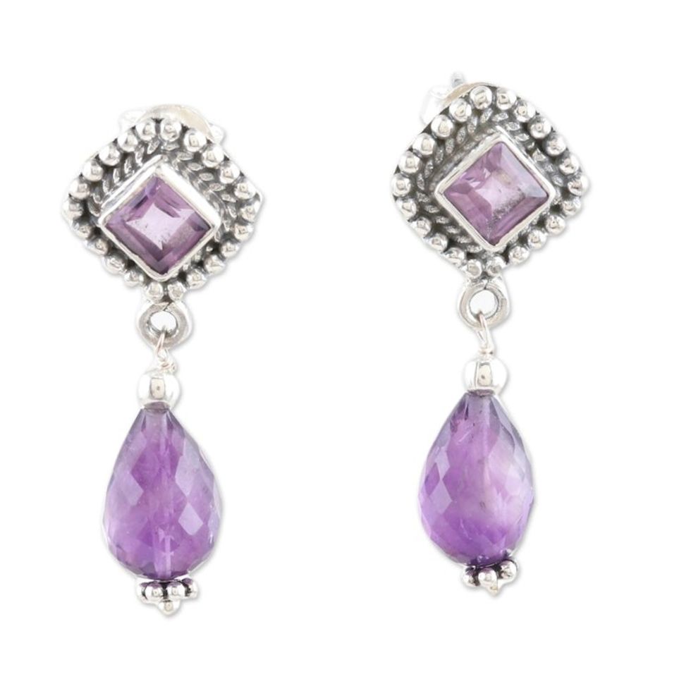 1-Carat Amethyst Dangle Earrings Made From Sterling Silver 'Royal Wisdom'
