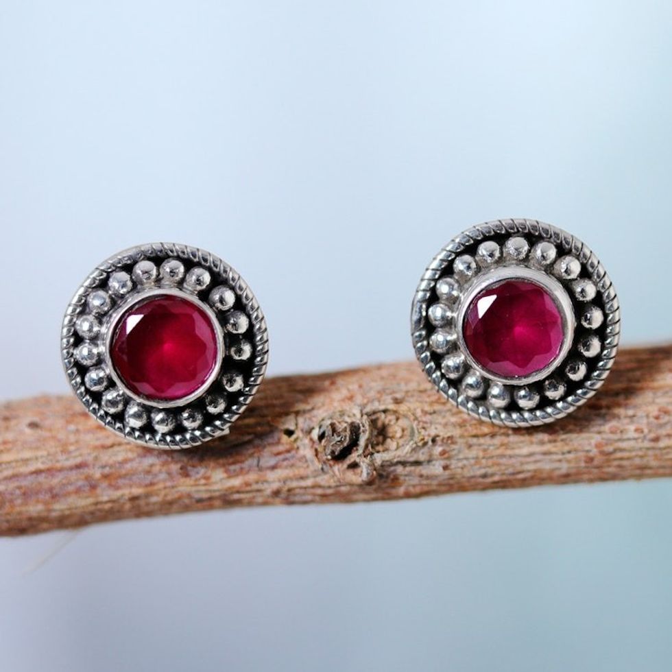 Pink Onyx and Silver Button Earrings with Combination Finish 'Pink Beauty'