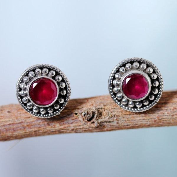 Alternate image for Pink Onyx and Silver Button Earrings with Combination Finish Pink Beauty