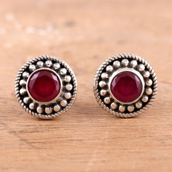 Alternate image for Pink Onyx and Silver Button Earrings with Combination Finish Pink Beauty