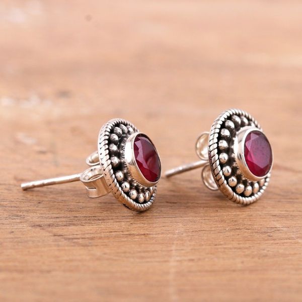 Alternate image for Pink Onyx and Silver Button Earrings with Combination Finish Pink Beauty