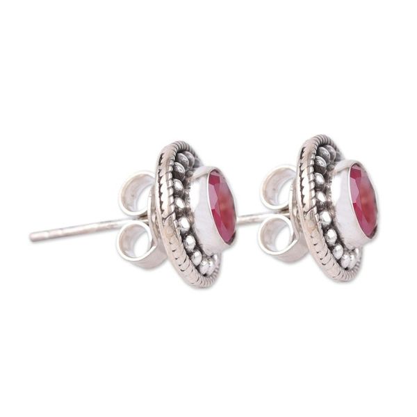 Alternate image for Pink Onyx and Silver Button Earrings with Combination Finish Pink Beauty