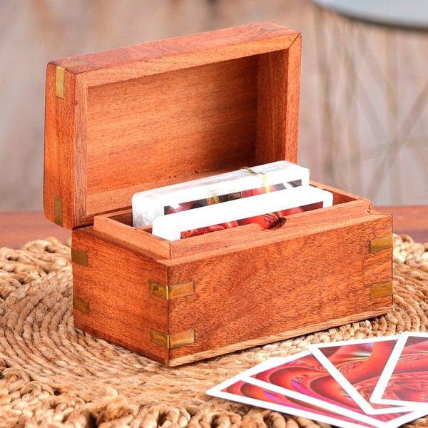 Alternate image for Handmade Brown Acacia Wood Deck Box with Inlaid Brass Motifs Fortune Secrets
