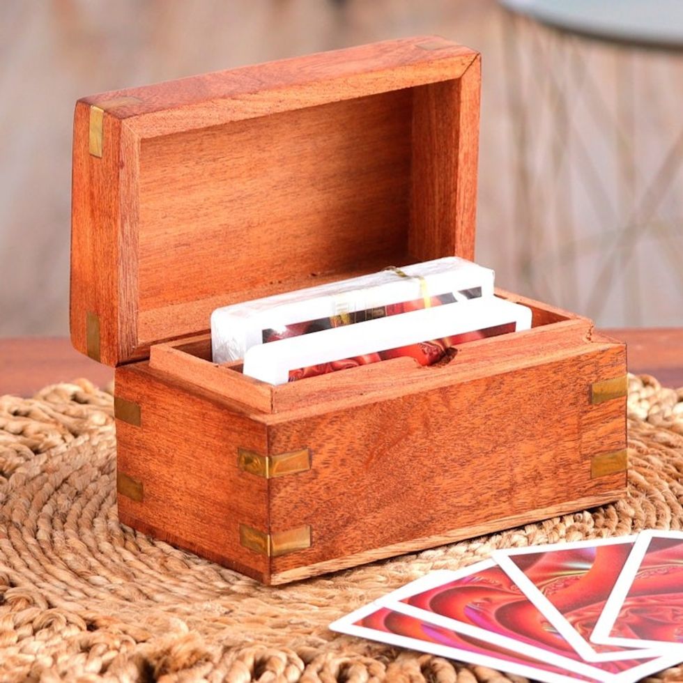 Handmade Brown Acacia Wood Deck Box with Inlaid Brass Motifs 'Fortune Secrets'