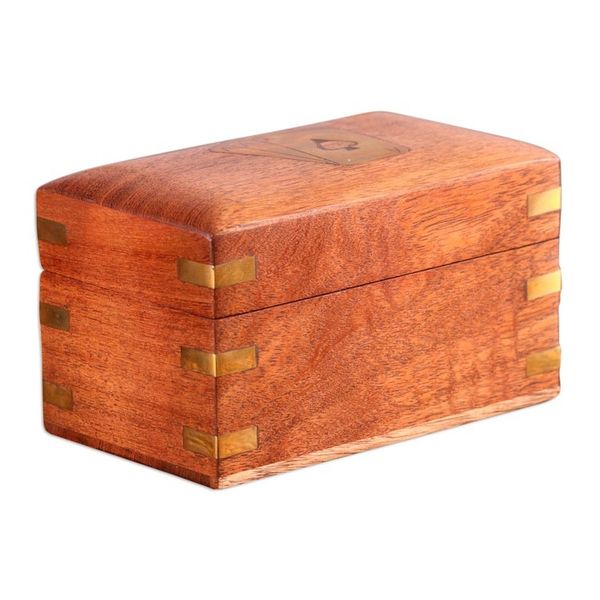 Alternate image for Handmade Brown Acacia Wood Deck Box with Inlaid Brass Motifs Fortune Secrets