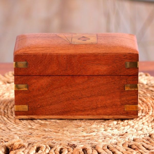 Alternate image for Handmade Brown Acacia Wood Deck Box with Inlaid Brass Motifs Fortune Secrets